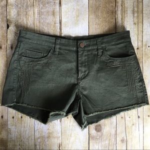 Dark Olive Frayed & Embroidered Shorts